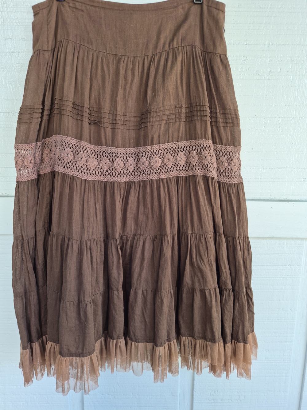 Derek Heart Brown Midi Tiered Skirt with Lace Band, Tulle Hem L Boho Fairycore - Picture 3 of 5